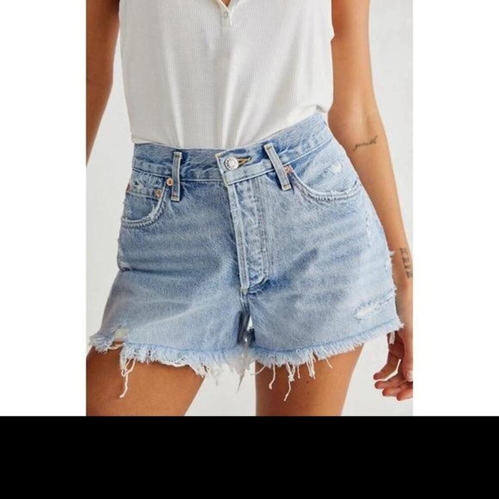 Agolde high rise distressed light blue denim Parker shorts